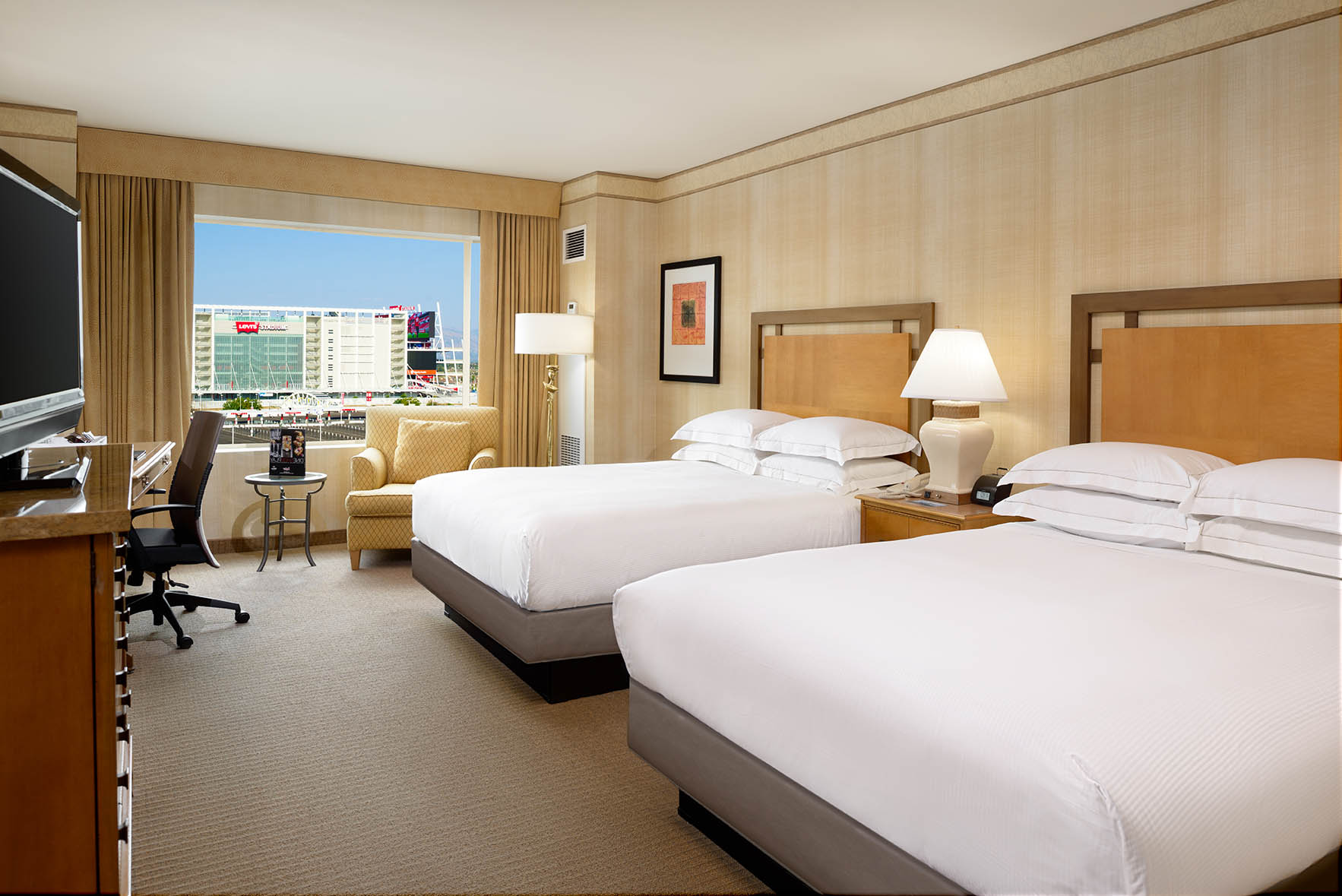 Accessible hotel room at Hilton Santa Clara featuring ADA-friendly layout and stadium view – inclusive Santa Clara hotel rooms